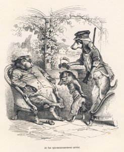A Raposa parou por um cão. Vinhetas ilustradas por JJ Granville. Gravura assinada Godard na parte intitulada "Un renard pris au piege", escrita por Charles Nodier em "Scenes de la vie privee et publique des animaux". Paris, J. Hetzel e Paulin de Grandville