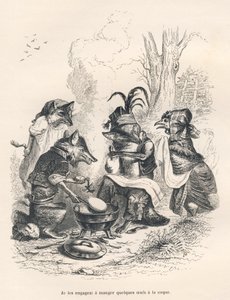 Raposas a comer ovos a la coq em frente de uma galinha chorona. Vinhetas ilustradas por JJ Granville. Gravura assinada Godard na parte intitulada "Un renard pris au piege", escrita por Charles Nodier em "Scenes de la vie privee et publique des animaux". de Grandville