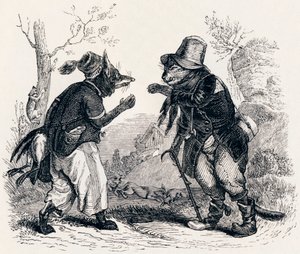 O gato e a raposa (Le chat et le renard) - Fábulas de La Fontaine de Grandville