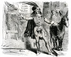 O charlatão: Fábula de La Fontaine ilustrada por Grandville. Edição Garnier 1860. Este capitão torna difícil fazer de cada burro um cientista.