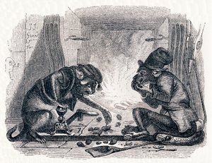 O burro e o gato (Le singe et le chat) - Fábulas de La Fontaine de Grandville