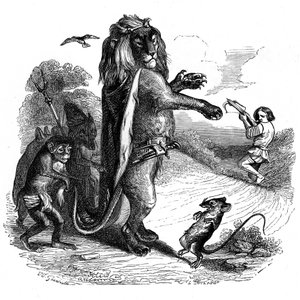 O leão e o rato: Fábula de La Fontaine ilustrada por Grandville.