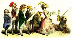 O concerto vocal - Coral: cantores uma cabeça de animais com maestro representando um macaco - litografia de Grandville (Jean Ignace Isidore Gerard 1808-1847) do livro "Les Metamorphoses du Jour" 1828.
