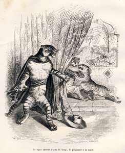 Tigre a entrar no palco com uma faca na mão. Vinhetas ilustradas por JJ Granville. Gravura assinada Godard na parte intitulada "Le premier feuilleton de Pistolet" escrita por Jules Janin em "Scenes de la vie privee et publique des animaux". Paris, J. H. de Grandville