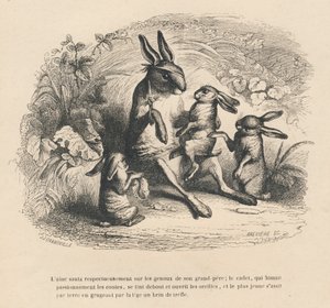 Três crianças coelhos a ouvir o seu avô ferido a contar histórias. Vinhetas ilustradas por JJ Granville. Gravura assinada Breviere na parte "Histoire d