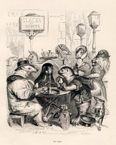 Um café frequentado por animais de todos os tipos. Vinhetas ilustradas por JJ Granville. Gravura assinada Godard na parte intitulada "Voyage d