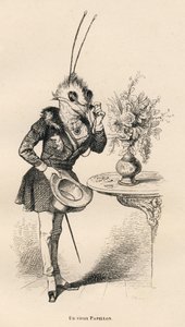 Uma velha borboleta a olhar para as horas com os seus óculos. Vinhetas ilustradas por JJ Granville. Gravura assinada Breviere na parte intitulada "Les aventures d