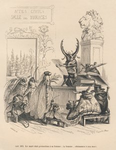 Votos de casamento de insectos. Vinhetas ilustradas por JJ Granville. Gravura assinada Godard na parte intitulada "Les aventures d