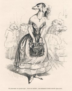 ... fora do teatro, estes animais são ainda mais feios. Vinhetas ilustradas por JJ Granville. Gravura assinada Godard na parte intitulada "Le premier feuilleton de Pistolet" escrita por Jules Janin em "Scenes de la vie privee et publique des animaux de Grandville