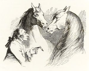 Gulliver conversa com cavalos falantes em Houyhnhnms Land de Gullivers Travels por Jonathan Swift de Grandville