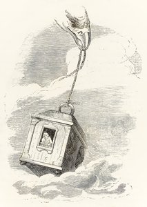 Gulliver escapar de Brobdingnag quando sua caixa é agarrada por uma águia que a deixa no mar, de Gullivers Travels por Jonathan Swift de Grandville