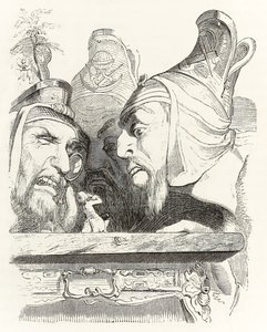 Gulliver é inspecionado por moradores de Brobdingnag, da Gullivers Travels por Jonathan Swift de Grandville