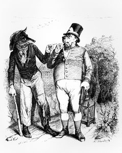 O cão e o lobo, ilustração para &39;fábulas&39; de La Fontaine, publicado por H. Fournier Aine, 1838
