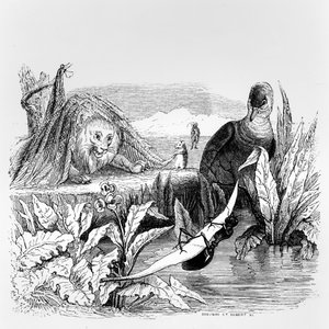 A pomba e a formiga e o leão e o rato, ilustração para &39;fábulas&39; de La Fontaine, publicado por H. Fournier Aine, 1838