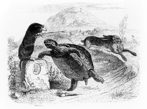 A Lebre e a Tartaruga, ilustração para &39;fábulas&39; de La Fontaine, publicado por H. Fournier Aine, 1838