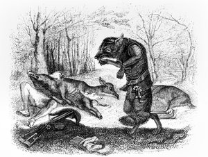 O lobo e o caçador, ilustração para &39;fábulas&39; de La Fontaine, publicado por H. Fournier Aine, 1838