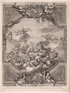Apollo distribui recompensas e Minerva coroa o génio da França
Apollon distirbuë des recompenses aux Sçiences et aux Arts, et Minerve couronne le Genie de la France (título sobre o objecto)
Quadros de tecto no Palácio de Versalhes (título da série) de Gérard Audran