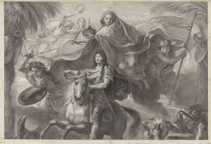 Retrato equestre alegórico de Luís XIV, rei da França de Gérard Edelinck