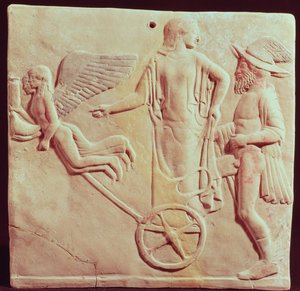 Afrodite e Hermes andando em uma carruagem puxada por Eros e Psique, 470 aC (terracota) de Greek