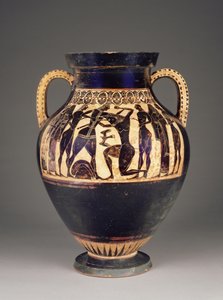 Ânfora ateniense ática de figuras negras atribuída a Lídio com Teseu matando o Minotauro, 550-40 aC (terracota)