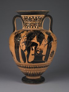 Ânfora ateniense ática de figuras negras com Heracles carregando o javali Erymanthean, c.510 aC (terracota)