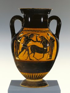 Ânfora de painel de figuras negras ático-ateniense do tipo B com Heracles atacando o centauro, 530-20 aC (terracota)