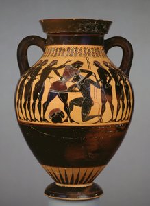 Ânfora ática de figuras negras mostrando Teseu e o Minotauro observados por seis jovens (cerâmica)