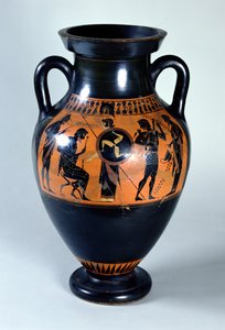 Ânfora de pescoço de figura negra no ático representando as boas-vindas de Hércules ao Olimpo, c.520 aC (cerâmica)