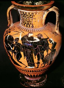 Vaso ático de figuras negras representando Synthos, Deméter, Hermes e o barqueiro, c.535-540 aC (cerâmica)