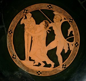 Copa ática de figuras vermelhas representando Cassandra perseguida por Ajax buscando refúgio por um xoanon de Atena, c.430 aC (cerâmica) de Greek