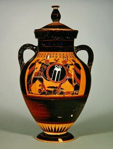 Ânfora do ventre representando Príamo e Aquiles, c.550 aC (cerâmica) (ver também 288279 e 293741-42) de Greek
