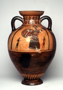 Vaso em figura negra representando Athena brandindo um escudo e uma lança, 550 AC (cerâmica) de Greek