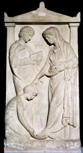 Arte grega: "Uma criada ajuda a sua amante a tirar a sandália" Meias de mármore em relevo do século IV a.C. Atenienses, Museu Nacional de Arqueologia de Greek