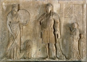 Arte grega: "Phrygian divinites Cybele e Attis, seu filho e amante" Relevo de mármore do século II a.C. Museo Archeologico, Veneza de Greek