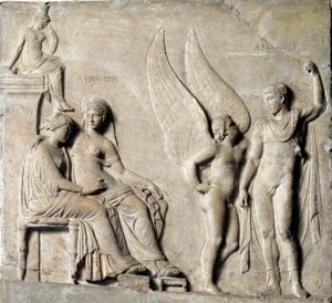 Arte grega: "O Príncipe de Esparta Paris seduza Helena de Tróia, Afrodite está representada" Relevo em mármore de um original grego. Século I a.C. Museo Archeologico Nazionale, Nápoles - Paris, príncipe de Esparta e Helena de Tróia, com Afrodite - Mármore  de Greek