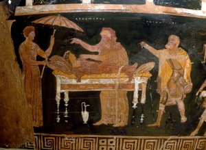 Arte grega: Vaso de Arhemore: o Funeral de Arhemore (Opheltes) Pintura do pintor de Darius. De Ruvo. Século IV AC. Museo Archeologico Nazionale, Nápoles. de Greek