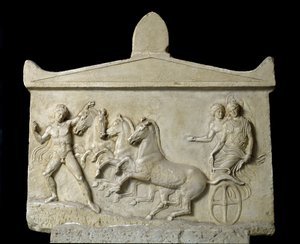 Arte grega: alívio dedicado a Hermes e às ninfas: o Quadrige de Echelos removendo o Basílico. 420-410 AC. Athenes, Museu Nacional de Arqueologia de Greek