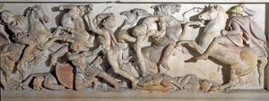 Arte grega: "sarcófago de Alexandre o Grande (356-323 AC)" Vista dos relevos representando a Batalha de Issos em 333 AC entre os gregos e os persas. Da necrópole fenícia de Sidon. Século IV a.C. Dim. 195 x 318 x167 cm Istambul, arco de Greek