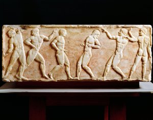 Civilização Grega, Stele representando atletas no ginásio, Da necrópole de Kerameikos em Atenas, Grécia, 510 AC de Greek