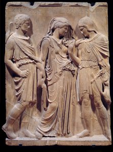 Antiguidade grega: a despedida de Orphee para Eurídice que Hermes está preparado para trazer de volta ao inferno. A inscrição com os nomes de Zethus, Antiope e Amphion remonta ao renascimento. Baixo relevo de mármore. 480-323 AC. Sol 1,2 m Paris, Musee du  de Greek