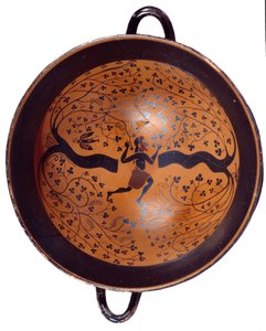 Arte grega: Taça jónica em cerâmica com figuras negras conhecidas como "taça com o pássaro". Um homem caça andorinhas. 550 AC. Sol 0,23 m Paris, Musee du Louvre de Greek