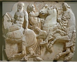 Arte grega: friso "cavaleiro" do partenon. Meias de mármore em relevo. 447-432 AC. Athenes, Museu da Acrópole