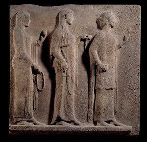 Arte grega: placa da passagem dos Theores: rosto representando as graças. Baixo relevo de mármore da ilha de Thasos na Grécia. 480 AC. Paris, Museu do Louvre de Greek