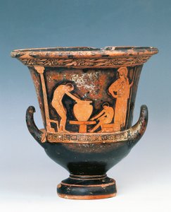 Krater mostrando cena de oleiro a trabalhar sob o olhar de Athena, olaria de figuras vermelhas da Sicília, Itália, Magna Graecia, Século V a.C. (olaria vermelha) de Greek