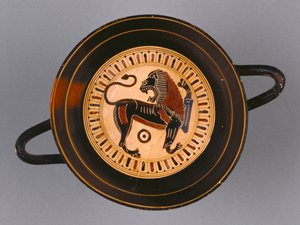 Kylix de figura negra laconiana atribuído ao pintor Hunt, c.540 aC (terracota) de Greek