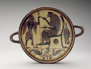 Taça kylix laconiana representando Zeus e Hermes, c.550-530 aC (argila) (ver também 288296 e 288298) de Greek