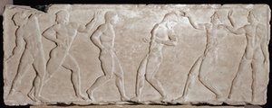 Meias de mármore em relevo de um funerário Kouros representando seis atletas. 510 -500 AC. Da acrópole de Athenes. Museu Nacional de Arqueologia, Athenes. de Greek