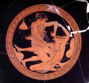 Minotauro morto por Thesee - vaso grego guardado no Museo Archeologico de Firenze. Interior do cálice do penitenciário com figuras vermelhas, pintor de Dokimasia. 480 AC. (Minotauro) de Greek