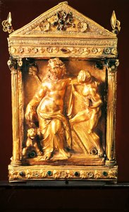Naiskos com Dionísio inebriado e sátiro, pequeno templo de estilo helenístico com granadas e esmeraldas da Tessália, século II a.C. (ouro) de Greek
