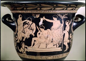 Orestes como um suplemento no Santuário de Apolo em Delfos, detalhe de um krater ático de figuras vermelhas, atribuído ao detalhe de cerâmica de 92567 do pintor de Eumenes de Apúlia. de Greek